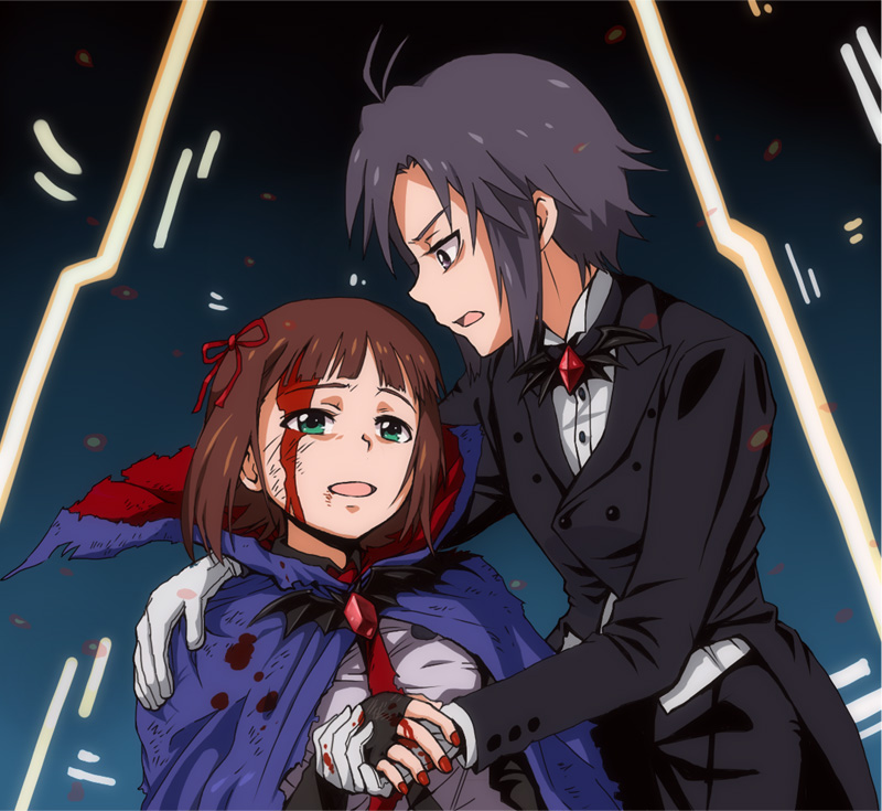 amami_haruka, antenna_hair, black_eyes, black_hair, bleeding, blood, brown_hair, cape