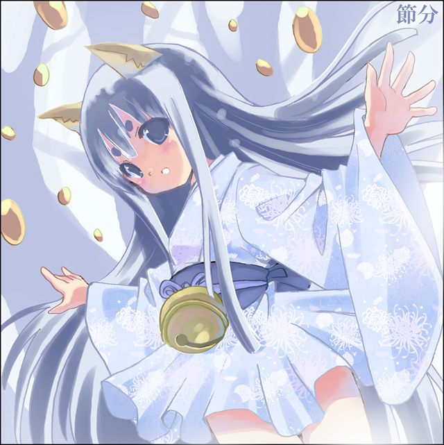 beans, bell, blue_eyes, blue_hair, fox_ears, japanese_clothes, kazuki_kiyoto, kimono