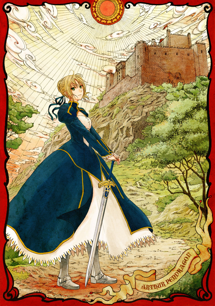 ahoge, blonde_hair, castle, character_name, dress, excalibur, fate/stay_night, fate_(series)