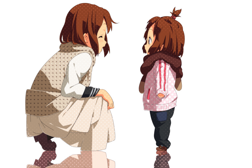brown_hair, dual_persona, high_ponytail, highres, hirasawa_yui, k-on!, minakami_kanami, reflection, scarf, short_hair, simple_background, time_paradox, white_background, winter_clothes, young