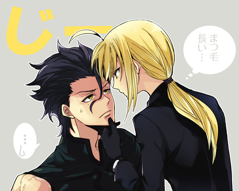 1girl, armor, black_gloves, black_hair, blonde_hair, face-to-face, fate/stay_night, fate/zero