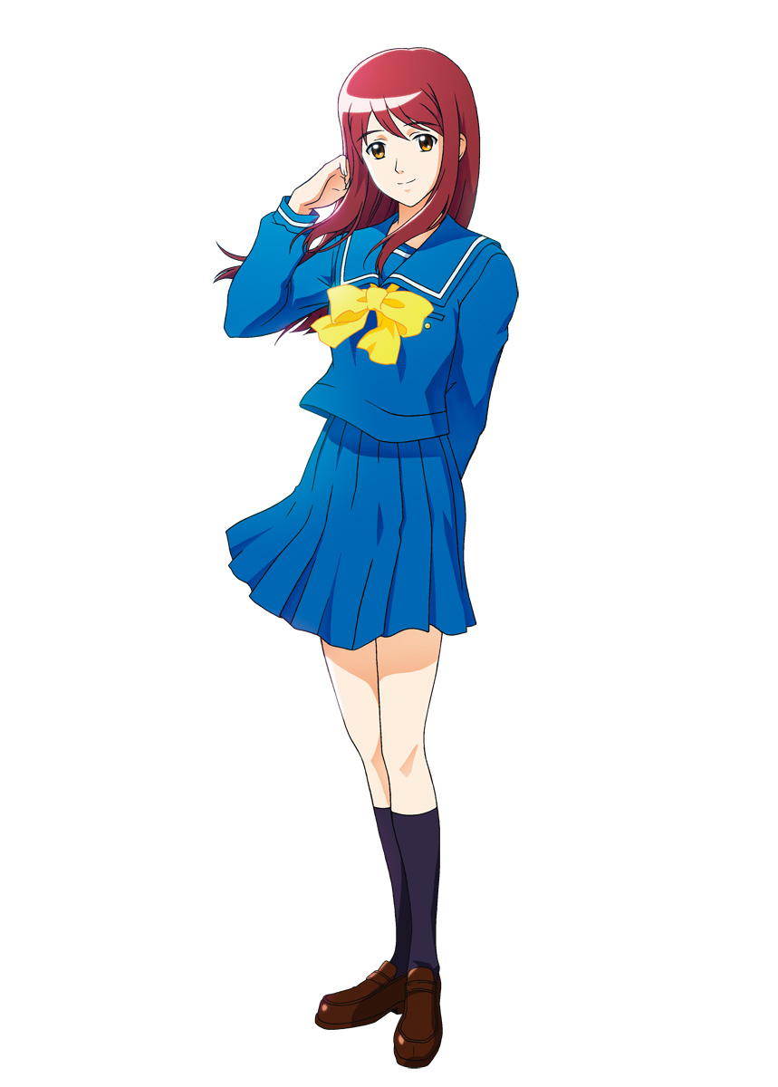 adjusting_hair, bow, highres, kneehighs, konami, long_hair, official_art, orange_eyes