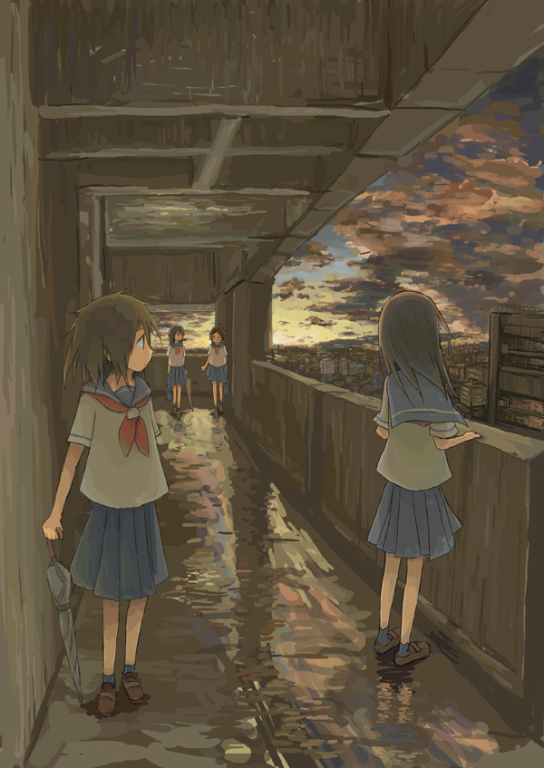 black_hair, cityscape, closed_umbrella, cloud, long_hair, multiple_girls, noji, original