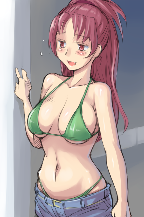 bikini, bikini_top, blush, breasts, cleavage, curvy, denim, denim_shorts, fang, large_breasts, mahou_shoujo_madoka_magica, navel, no_shirt, open_mouth, panties, ponytail, red_eyes, red_hair, redhead, rozenweapon, sakura_kyouko, shorts, sideboob, string_bikini, swimsuit, thong, under_boob, underboob, underwear