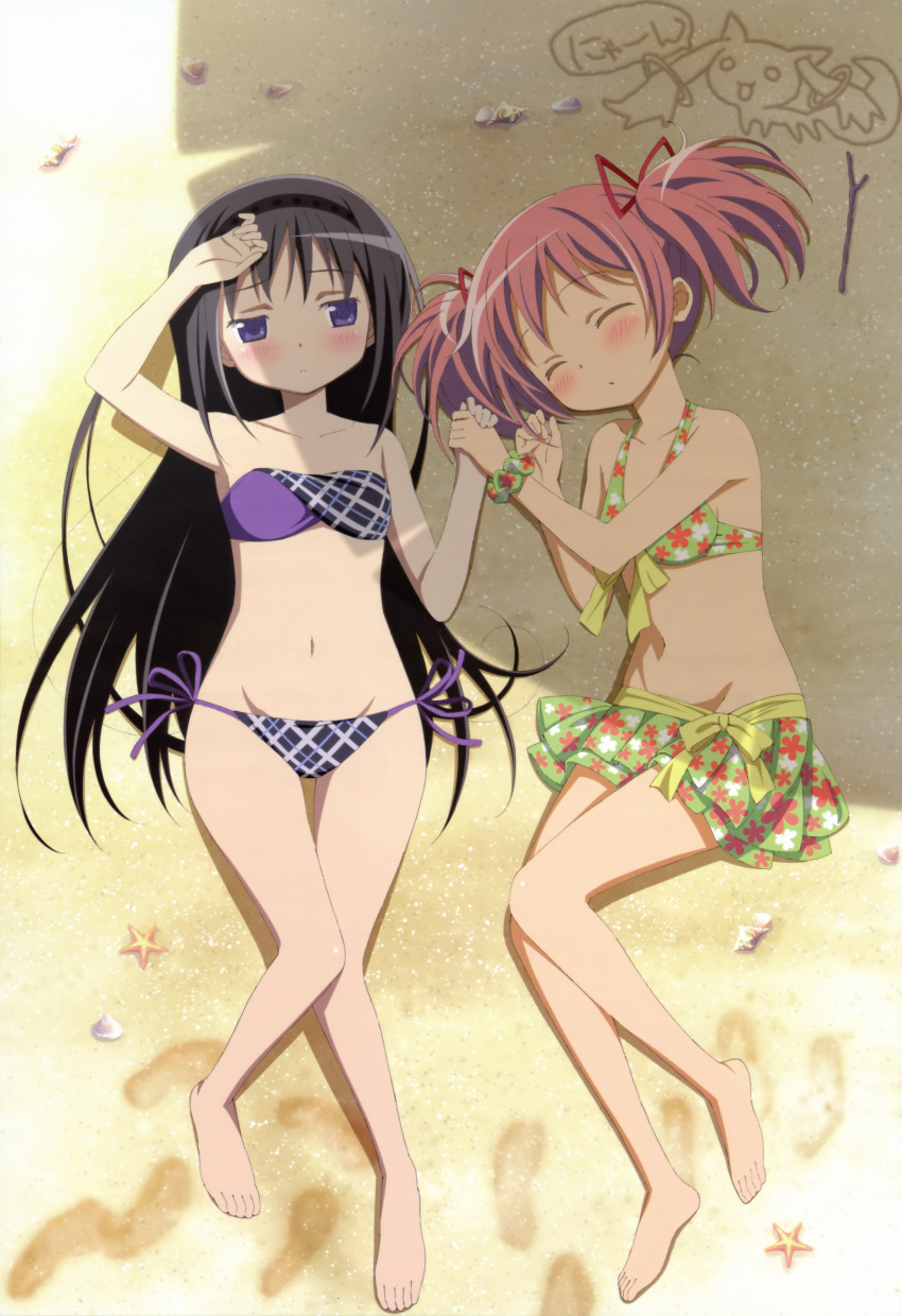 absurdres, akemi_homura, artist_request, bandeau, barefoot, beach, bikini, black_hair