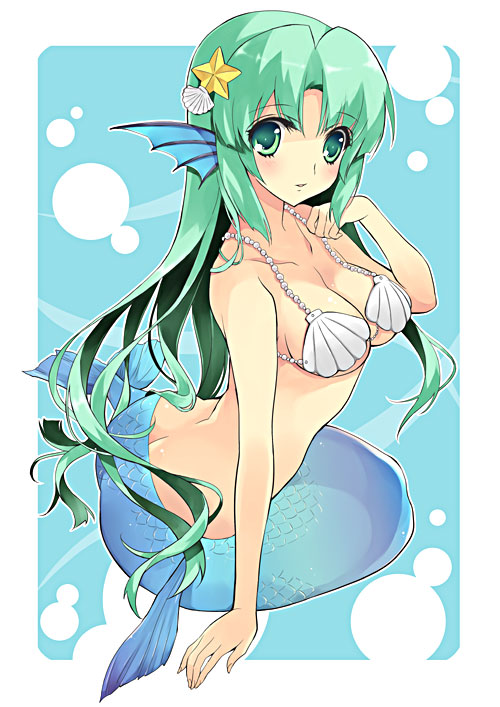 1girl, cleavage, green_eyes, green_hair, head_fins, headfins, long_hair, mermaid
