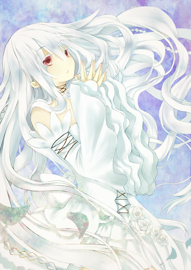 colored_eyelashes, detached_sleeves, dress, hands_together, lampnote17, pandora_hearts, red_eyes, sleeves_past_wrists