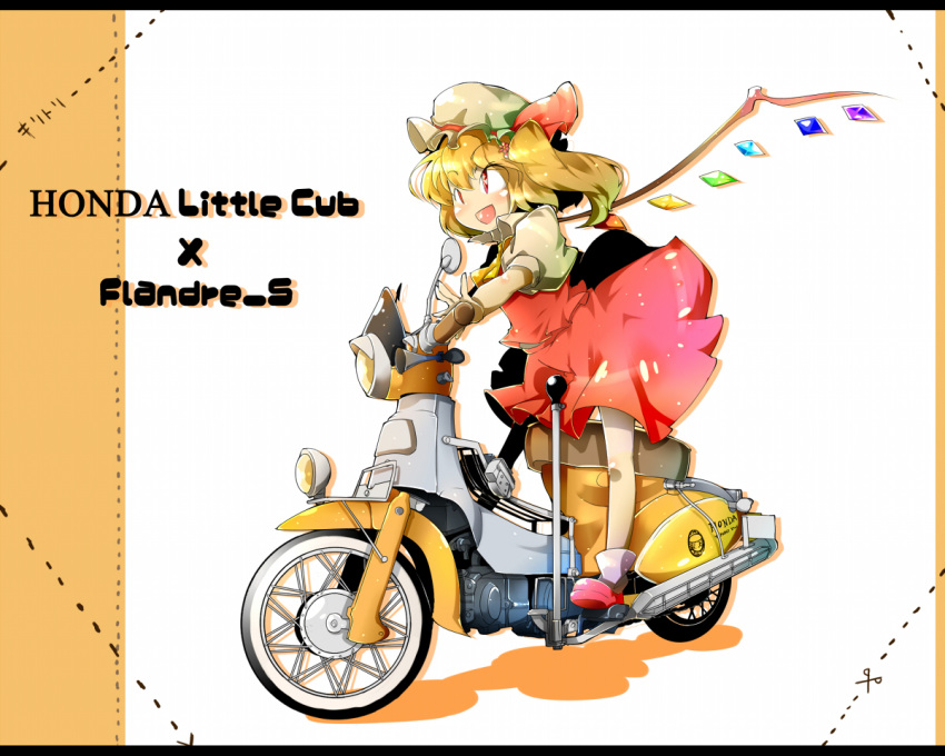 ascot, blonde_hair, blush, character_name, dotted_outline, fang, flandre_scarlet, hair_ornament