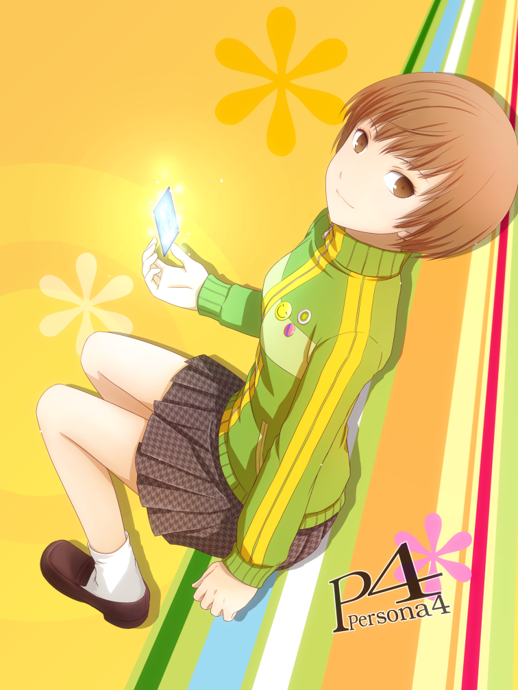 arya_(artist), brown_eyes, brown_hair, card, glowing, jacket, looking_up, persona