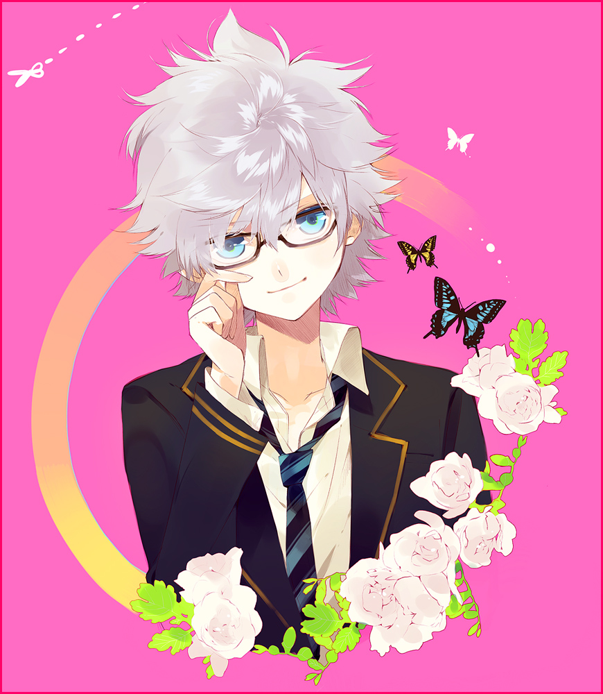 aqua_eyes, blazer, butterfly, flower, glasses, hssno108, hunter_x_hunter, killua_zoldyck, male, necktie, school_uniform, solo, teenage, white_hair