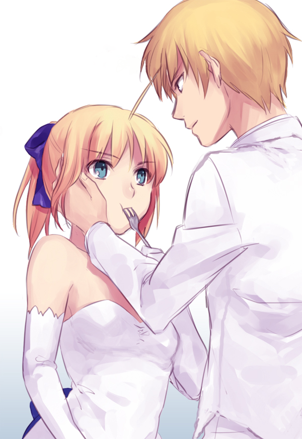 1boy, 1girl, ahoge, bare_shoulders, blonde_hair, blue_eyes, dress, elbow_gloves, fate/stay_night, fate_(series), feeding, fork, gilgamesh, gloves, hair_ribbon, hand_on_another's_cheek, hand_on_another's_cheek, long_hair, photoshop, ponytail, red_eyes, ribbon, saber, short_hair, stabbing, yone_f15