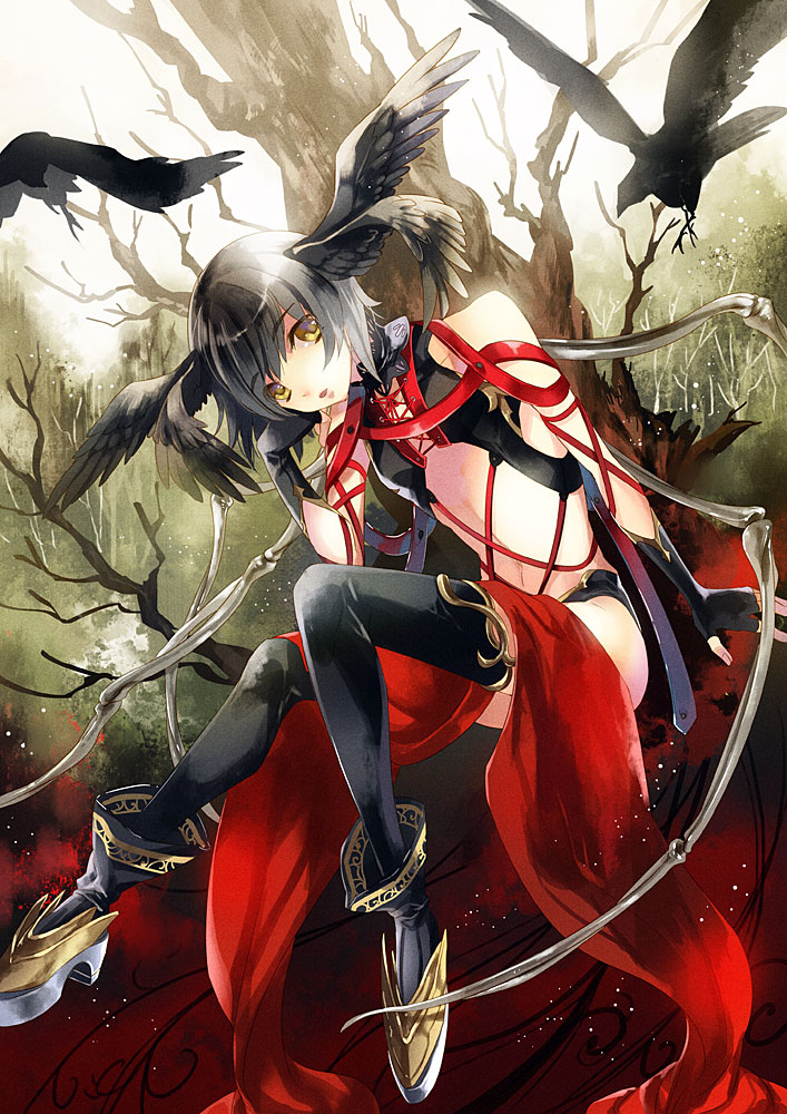 bird, black_hair, crow, head_wings, navel, noki_(affabile), original, thigh-highs