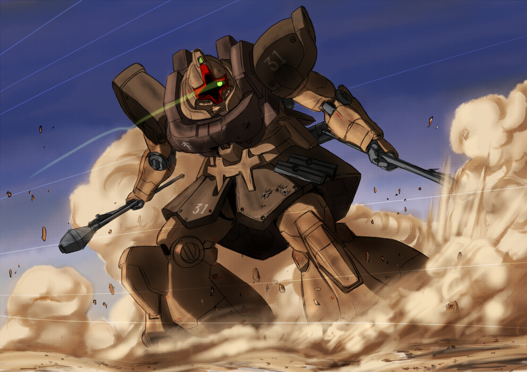 bullet_holes, desert, dom, dom_tropen, dust, gundam, gundam_0083, inyu