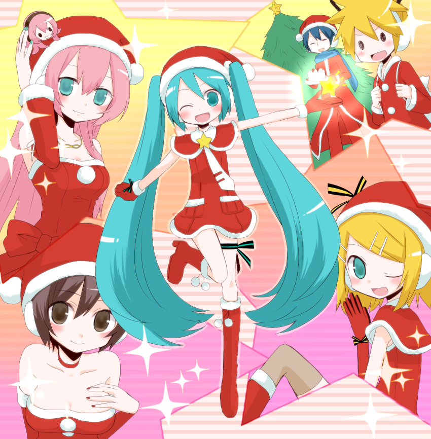1other, 2boys, 4girls, blue_eyes, blush, boots, brown_eyes, brown_hair