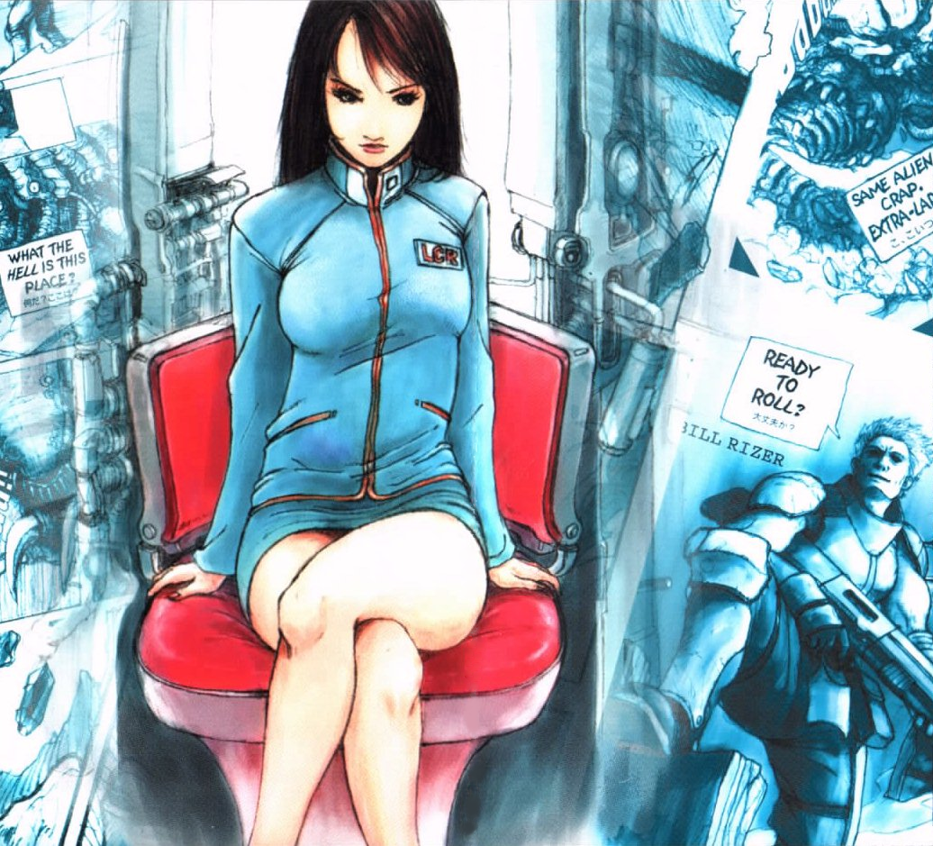 android, armor, bill_rizer, brown_hair, contra, contra:_shattered_soldier, crossed_legs, gun