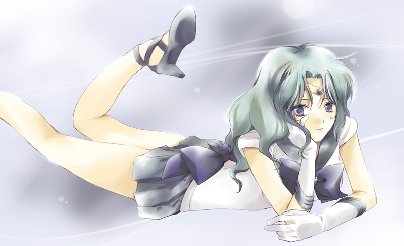 bishoujo_senshi_sailor_moon, blue_eyes, bow, chin_rest, green_hair, kaiou_michiru, long_hair, lying