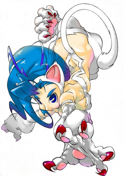 animal_ears, blue_eyes, blue_hair, capcom, cat_ears, cat_paws, cat_tail, claws, felicia, fur, manuke0726, paws, solo, tail, vampire_(game)