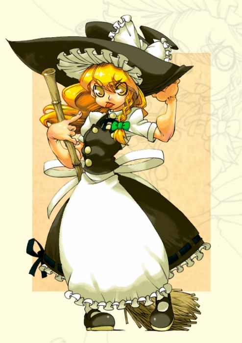 :p, \n/, apron, blonde_hair, bow, braid, broom, buttons