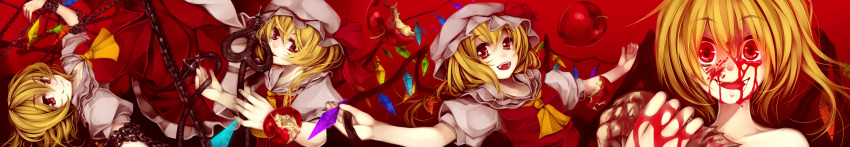 apple, ascot, bare_shoulders, blonde_hair, blood, blood_in_mouth, blood_on_face, blood_on_hair, bow, chain, clone, flandre_scarlet, food, four_of_a_kind_(touhou), fruit, hat, hat_bow, highres, laevatein, multiple_girls, no_hat, no_headwear, open_mouth, red, red_eyes, serizawa_mutsuki, short_hair, side_ponytail, simple_background, smile, touhou, wide-eyed, wide_eyed, wings