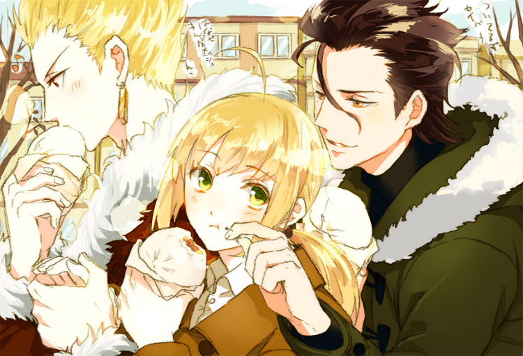 2boys, ahoge, black_hair, blonde_hair, coat, earrings, eating, fate/stay_night