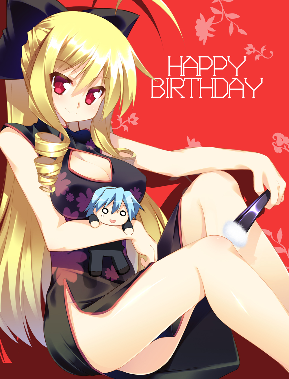 ayasaki_hayate, blonde_hair, blue_hair, bow, breasts, character_doll, china_dress, chinese_clothes, cleavage, drill_hair, fan, hair_bow, happy_birthday, hayate_no_gotoku!, highres, hoppege, large_breasts, legs, long_hair, o_o, red_eyes, tennousu_athena, tennousu_athene, thighs, twin_drills