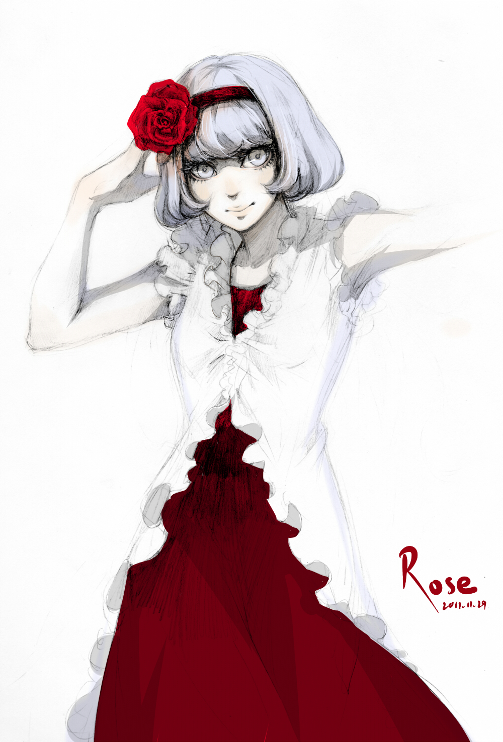 bare_shoulders, blue_eyes, bob_cut, cis_(tiger_&amp;_bunny), dress, flower, hair_ornament, hairband
