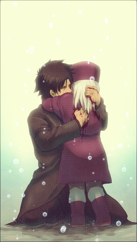 1girl, age_difference, black_hair, blood, emiya_kiritsugu, fate/stay_night, fate/zero, fate_(series), father_and_daughter, hat, hug, illyasviel_von_einzbern, omty, snow, snowing, white_hair