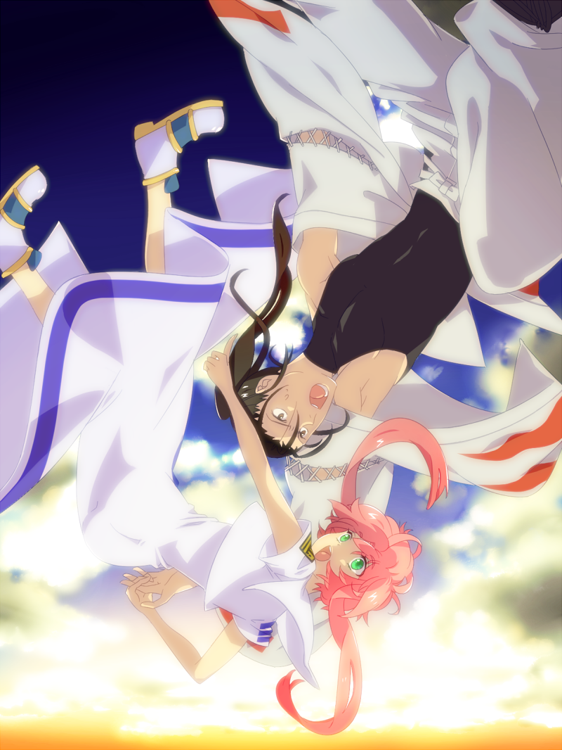 bad_id, brown_hair, falling, green_eyes, hanayama321, izumo_akatsuki, mizunashi_akari, open_mouth