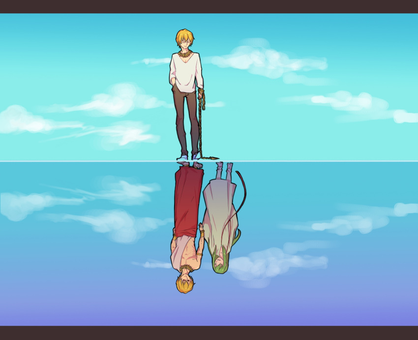 absurdres, androgynous, blonde_hair, chain, chains, closed_eyes, cloud, different_reflection