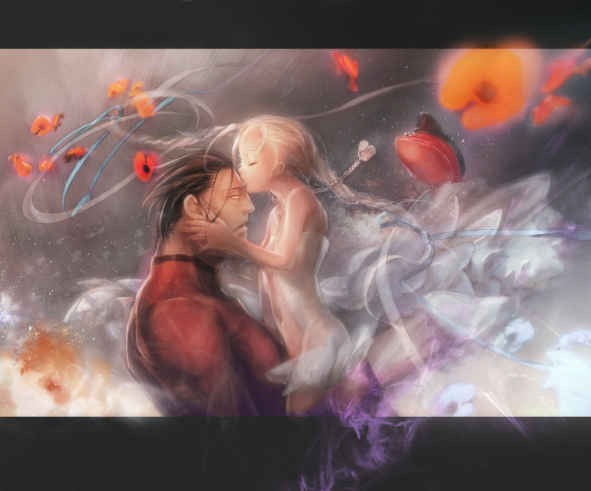 1boy, 1girl, blonde_hair, braid, cammy_white, child, forehead_kiss, hat, hideaki, kiss, m_bison, petals, street_fighter, vega