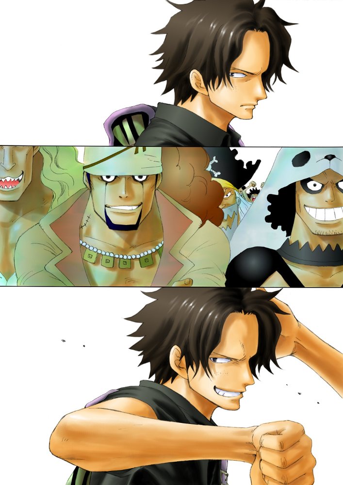 beard, bizarre_(one_piece), black_hair, doma, facial_hair, facial_mark, freckles, grin, hat, jewelry, kara_(acluf-0156), male, multiple_boys, muscle, necklace, one_piece, palms_(one_piece), pirate, portgas_d_ace, sharp_teeth, simple_background, smile, squardo, tattoo