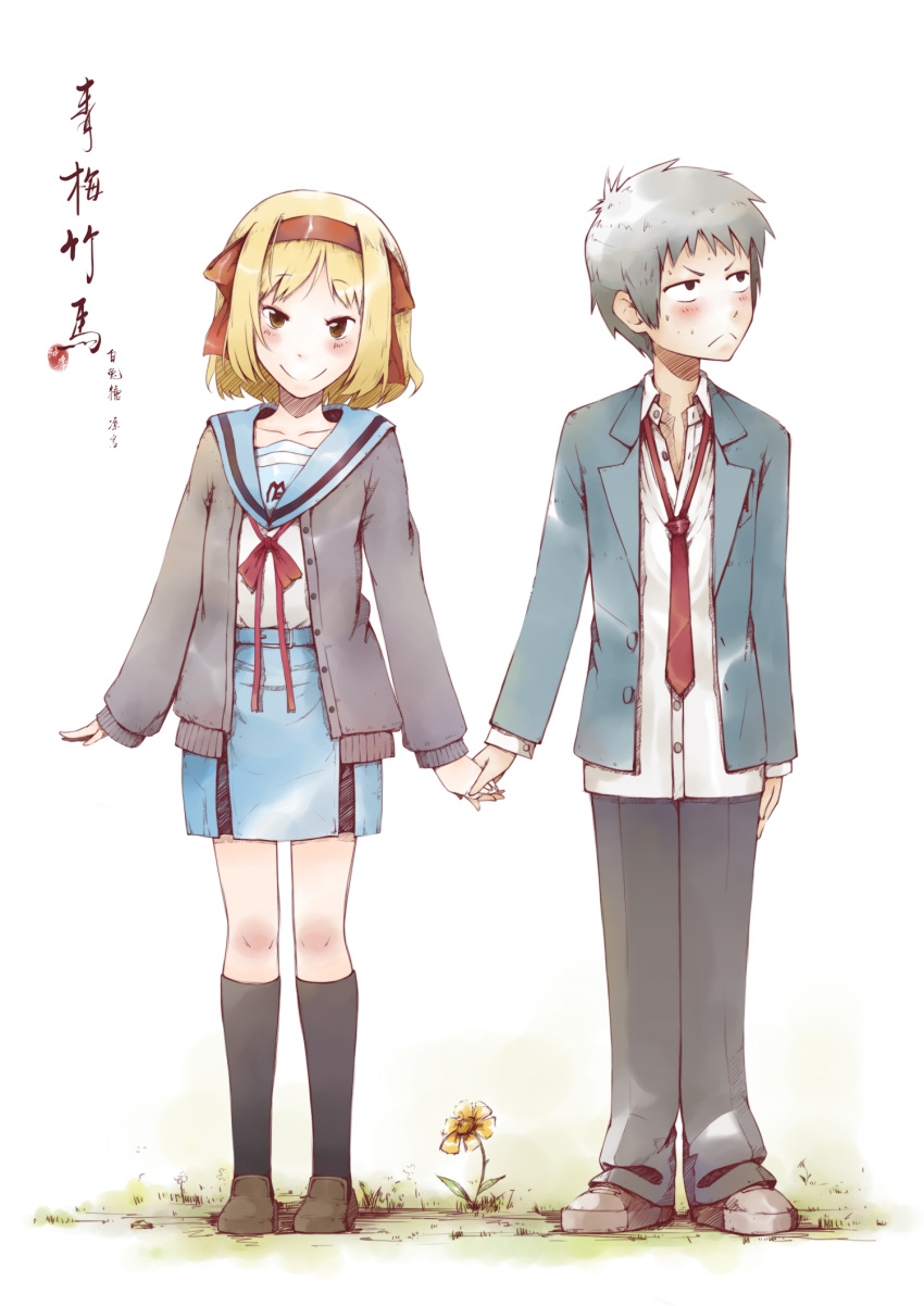cosplay, flower, hair_ribbon, hairband, hand_holding, headband, highres, holding_hands