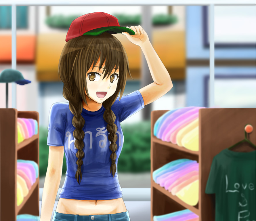 hat, kami-sama_no_memo-chou, kaprechos, meo_(kamimemo), midriff, smile, thai, twin_braids