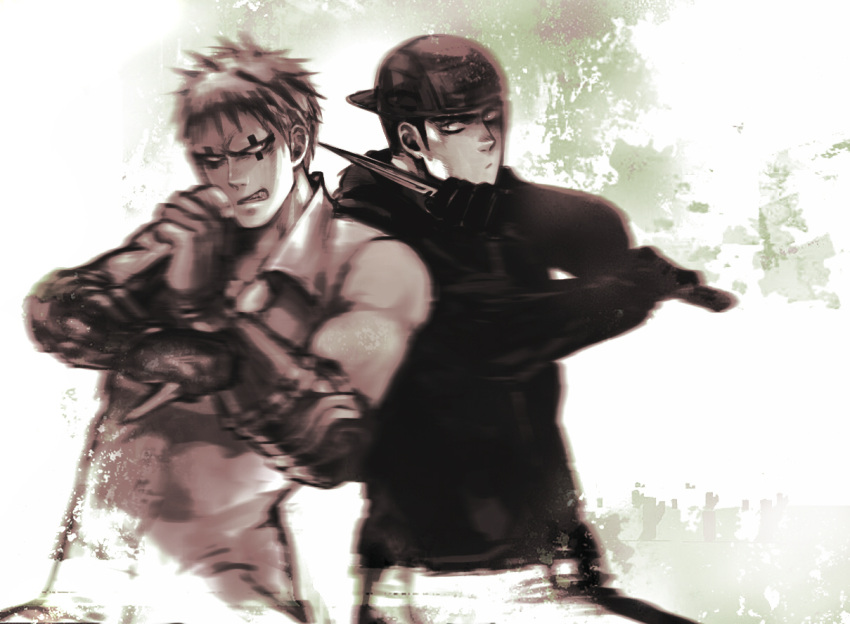 aikawa, black_hair, bracer, clenched_teeth, dorohedoro, dual_wielding, elbow_pads, fighting_stance