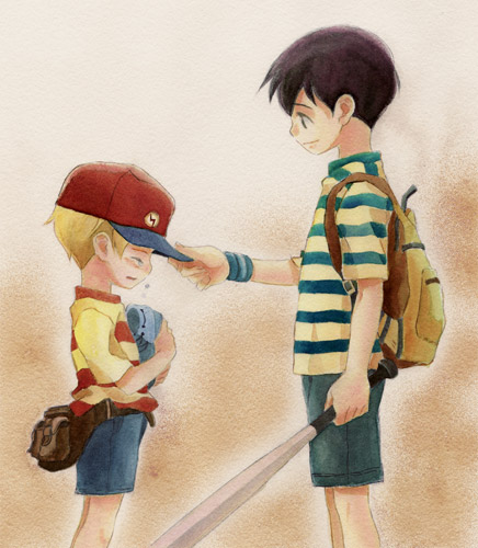 backpack, bag, baseball_bat, baseball_cap, black_hair, blonde_hair, brown_eyes, child, closed_eyes, crossover, eyes_closed, fanny_pack, graphite_(medium), hat, hat_removed, headwear_removed, ichiyo, ichiyo_(ichiyon), lowres, lucas, mother_(game), mother_2, mother_3, multiple_boys, ness, open_mouth, randoseru, shirt, shorts, smile, striped, striped_shirt, traditional_media, watercolor_(medium), wristband