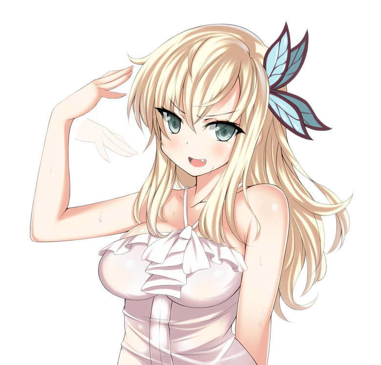1girl, bare_shoulders, blonde_hair, boku_wa_tomodachi_ga_sukunai, butterfly_hair_ornament, fang, green_eyes, hair_ornament