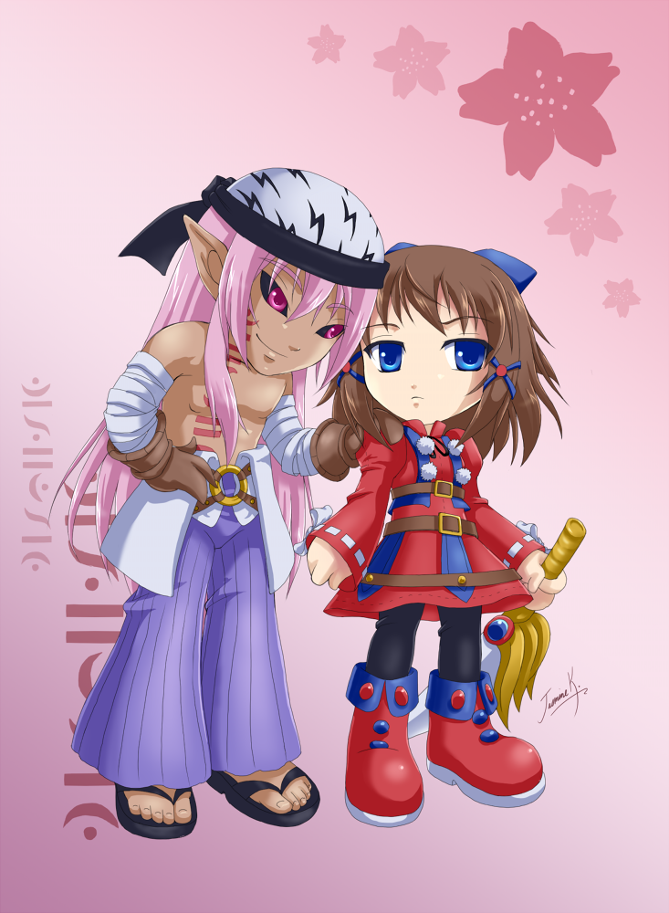 1boy, 1girl, bandage, bandages, bandana, bandanna, belt, black_legwear, black_sclera, blue_eyes, bow, brown_hair, dark_skin, dress, expressionless, facial_mark, hair_ribbon, hakama, hand_on_hip, hand_on_shoulder, hips, japanese_clothes, long_hair, minit, original, pantyhose, pointy_ears, purple_eyes, purple_hair, ribbon, sandals, shirtless, shoes, short_hair, smile, sword, tattoo, vest, violet_eyes, weapon