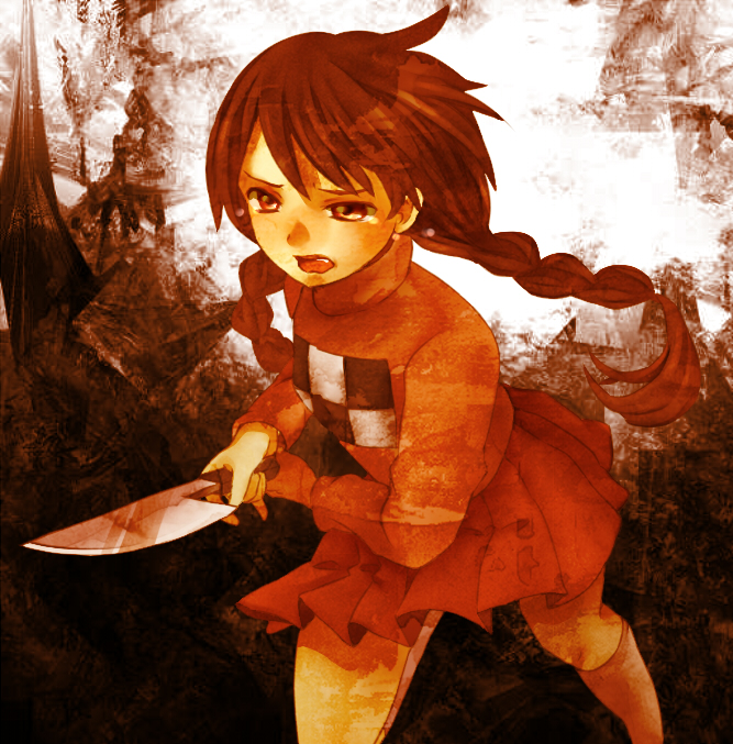 braid, brown_eyes, brown_hair, kneehighs, knife, madotsuki, open_mouth, pochiron