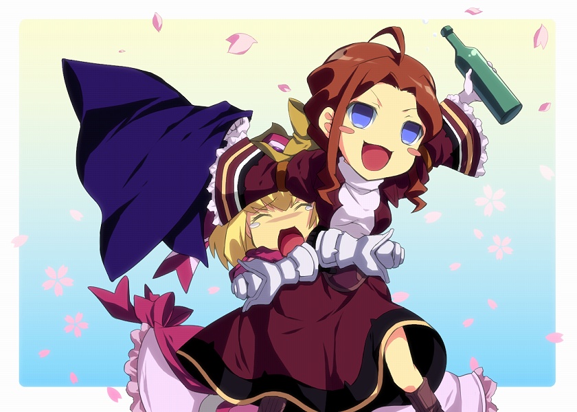 2girls, ^_^, alexia_lynn_elesius, blonde_hair, blue_eyes, blush_stickers, bottle, brown_hair