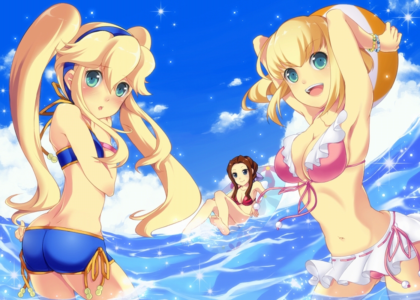adjusting_hair, alexia_lynn_elesius, arms_up, bikini, blonde_hair, blue_bikini, bracelet, breasts