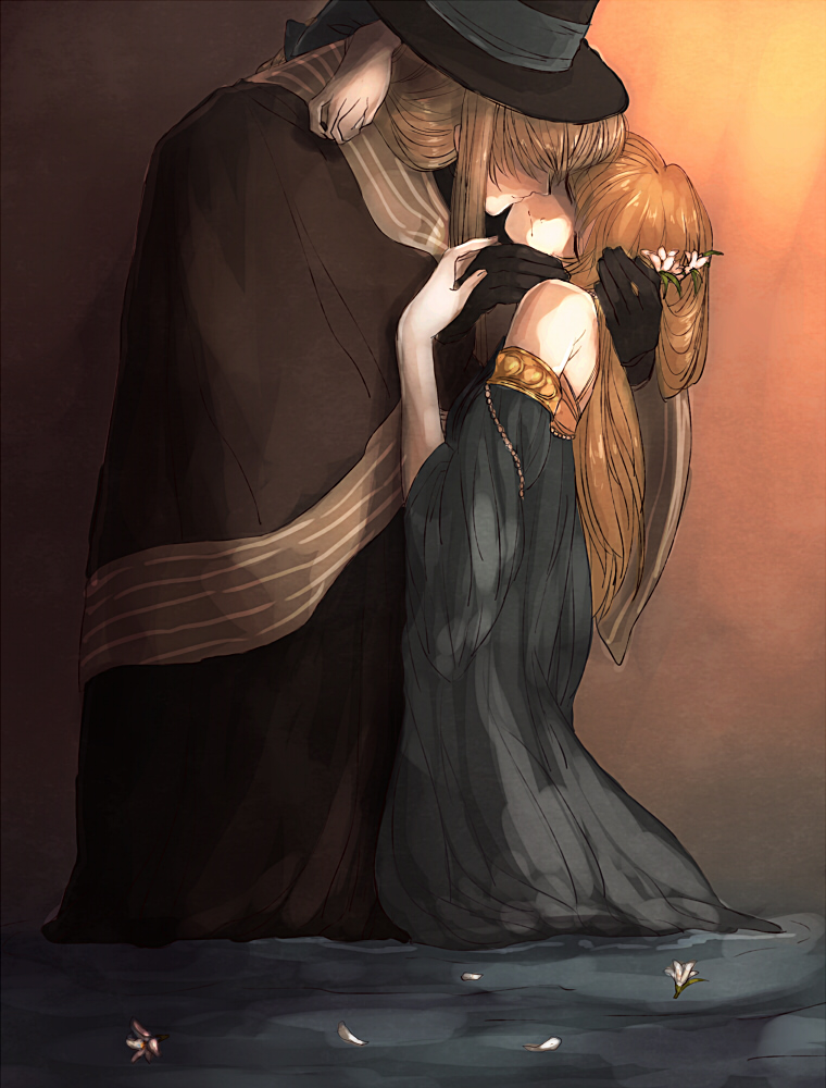 1girl, bare_shoulders, blonde_hair, blue_dress, character_request, closed_eyes, copyright_request, couple, dress, eyes_closed, fine_art_parody, flower, gloves, gustav_klimt, hair_flower, hair_ornament, hair_over_eyes, hat, incipient_kiss, kanenari, long_hair, parody, water