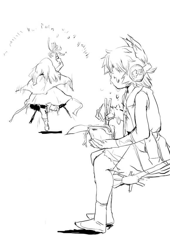 chopsticks, cup_ramen, earmuffs, food, goyang, headphones, hijiri_byakuren, hot, monochrome, multiple_girls, nekobatake, noodles, ramen, running, sheath, sitting, splash, splashing, sword, touhou, toyosatomimi_no_miko, translation_request, weapon