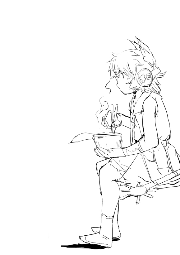 chopsticks, cup_ramen, earmuffs, food, goyang, headphones, hot, monochrome