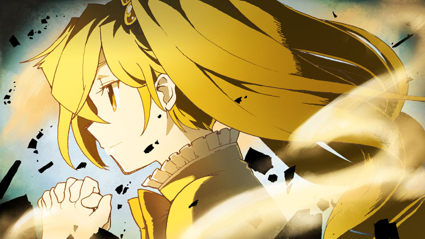 akita_neru, blonde_hair, bust, daigoman, hair_bobbles, hair_ornament, hands_together, mahou_shoujo_madoka_magica, parody, portrait, praying, profile, solo, style_parody, twintails, vocaloid, wind, yellow, yellow_eyes