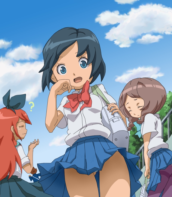 3girls, ?, bag, blue_eyes, blue_hair, braid, brown_hair, closed_eyes