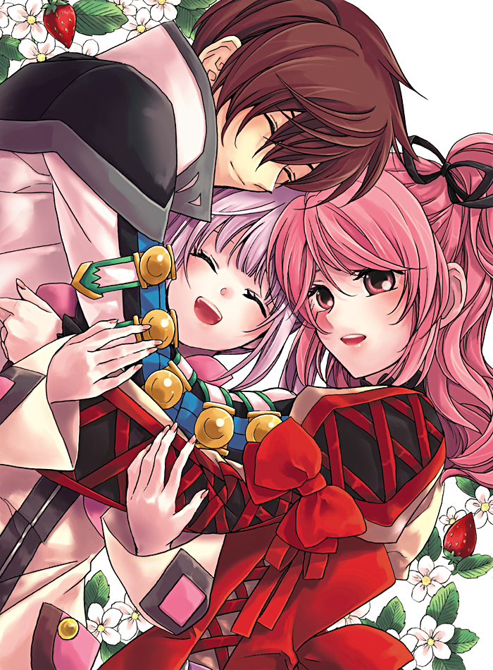 2girls, asbel_lhant, brown_eyes, brown_hair, cheria_barnes, closed_eyes, coat, eyes_closed
