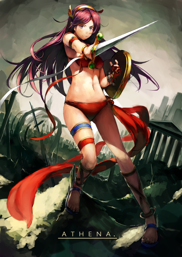 anklet, armlet, athena_(series), bad_id, bare_shoulders, bikini, fingerless_gloves, gloves