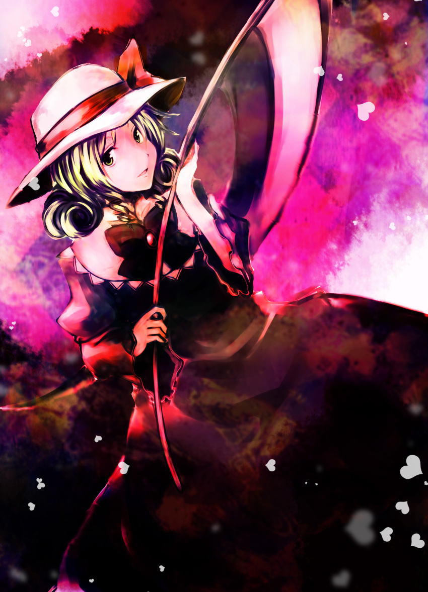 absurdres, blonde_hair, dress, elly, hat, hat_ribbon, heart, highres