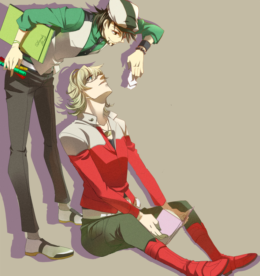 barnaby_brooks_jr, blonde_hair, book, boots, bracelet, brown_eyes, brown_hair, cabbie_hat