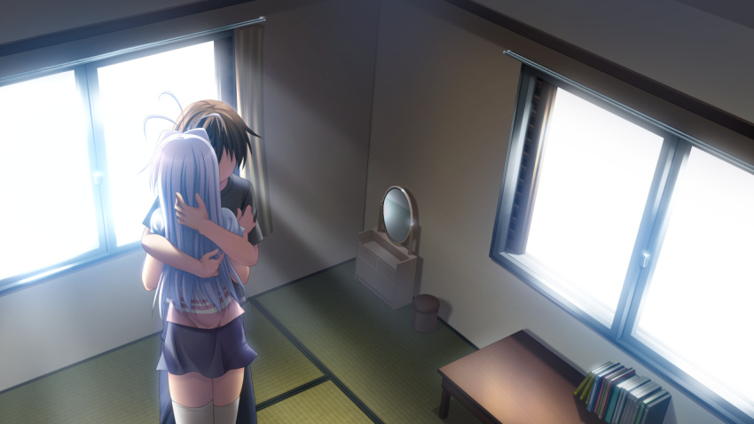 game_cg, ikura_nagisa, long_hair, mashiro_summer, thigh-highs, thighhighs, white_hair, yasaka_chihiru